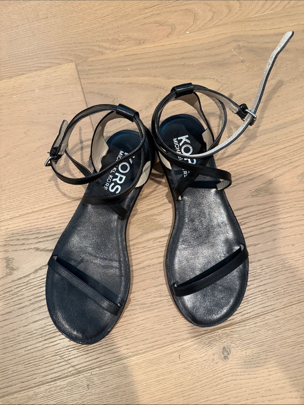 Michael Kors Black Leather Ankle-Strap Flat Sandals
